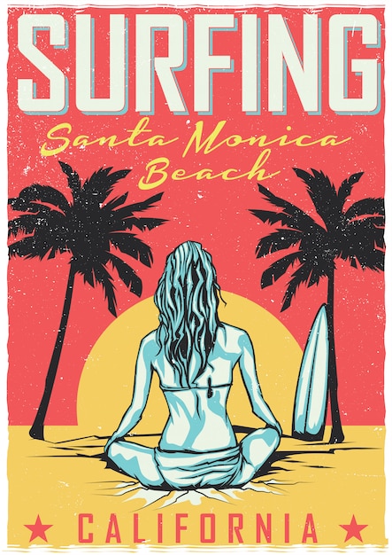 Vettore gratuito t-shirt o poster design con illustrazione di ragazza con tavola da surf