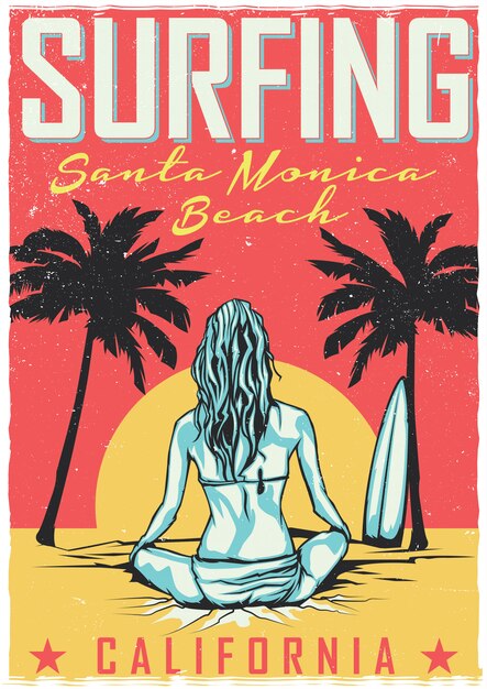 T-shirt or poster design with illustraion of girl with surfing board