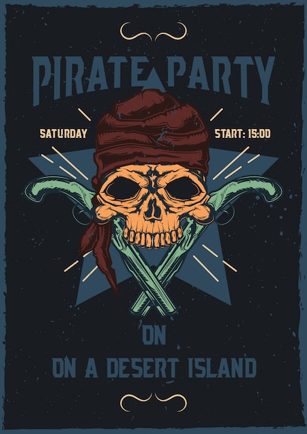 Vettore gratuito t-shirt o poster design con illustrazione del teschio pirata con le pistole.
