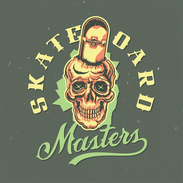 Vettore gratuito t-shirt o poster design con illustrazione di teschio con skateboard