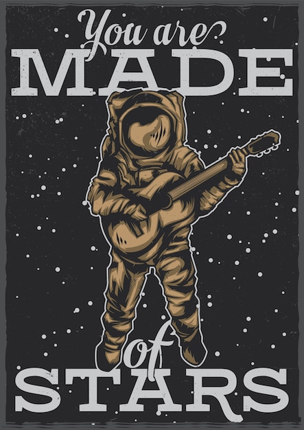 Vettore gratuito t-shirt o poster design con illustrazione di astronauta con chitarra