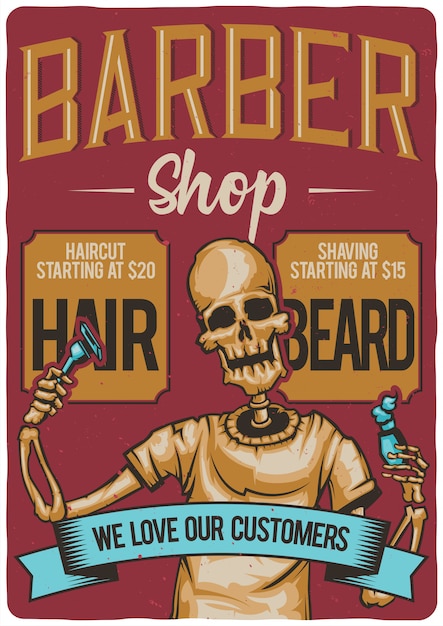 Free vector t-shirt or poster design with illustration of a barber shop.