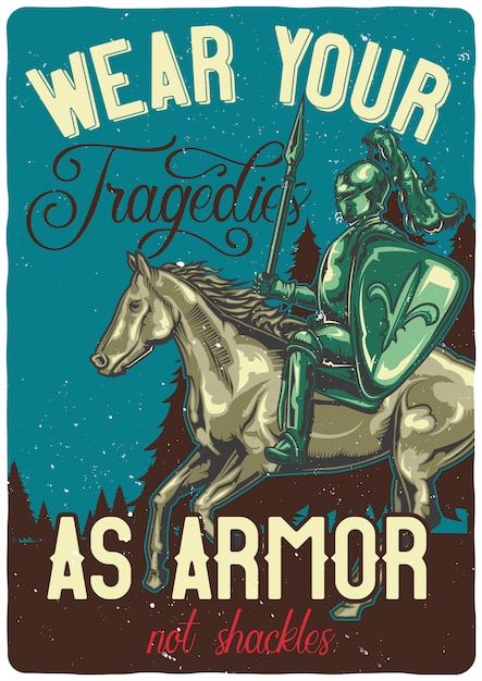 Дизайн футболки или плаката с изображением рыцаря на лошади.