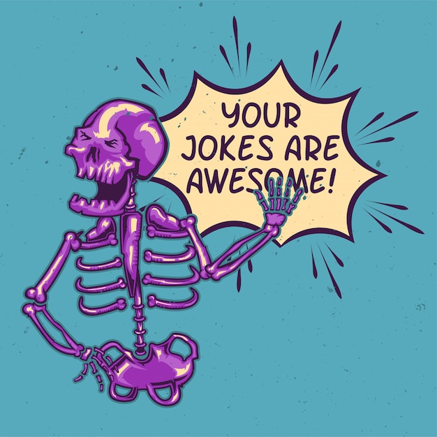 Free vector t-shirt or poster design with illustration of a laughing skeleton.