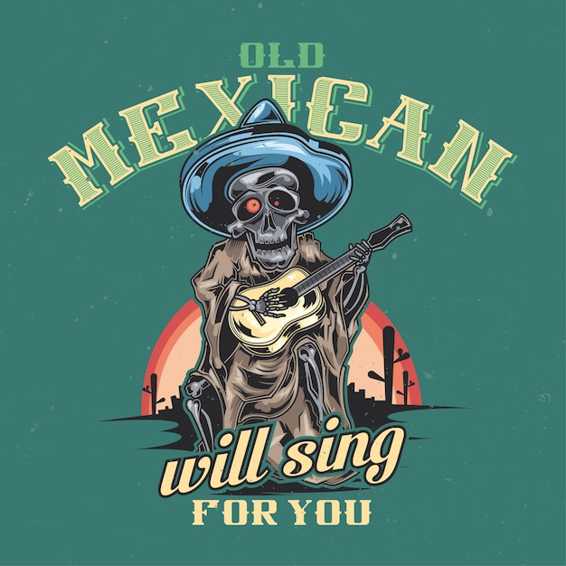 Free vector t-shirt or poster design with illustration of mexican musician