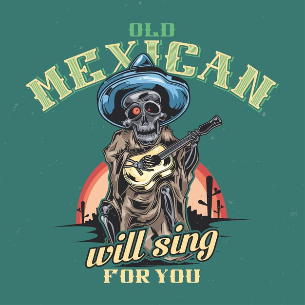 メキシコのミュージシャンのイラストとTシャツまたはポスターのデザイン