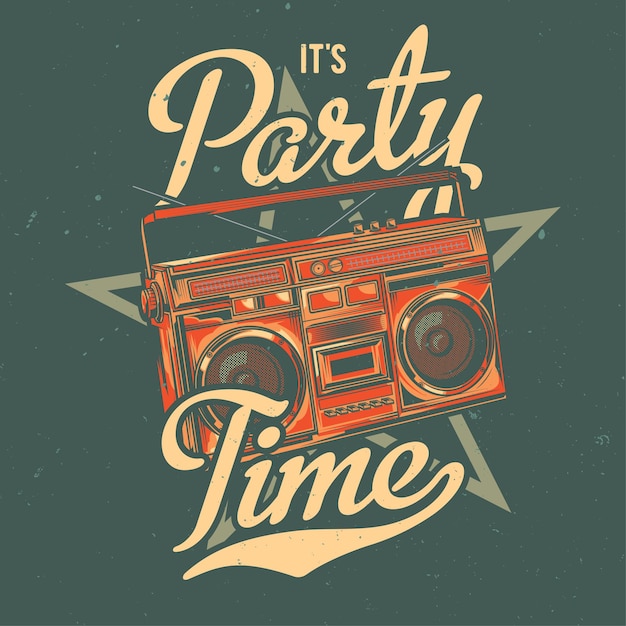 Free vector t-shirt or poster design with illustration of old school boombox