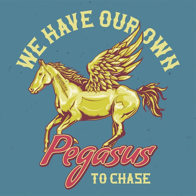 Vettore gratuito t-shirt o poster design con illustrazione di pegaso.