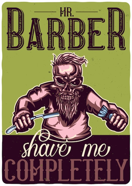 Free vector t-shirt or poster design with illustration of a skeleton barber.