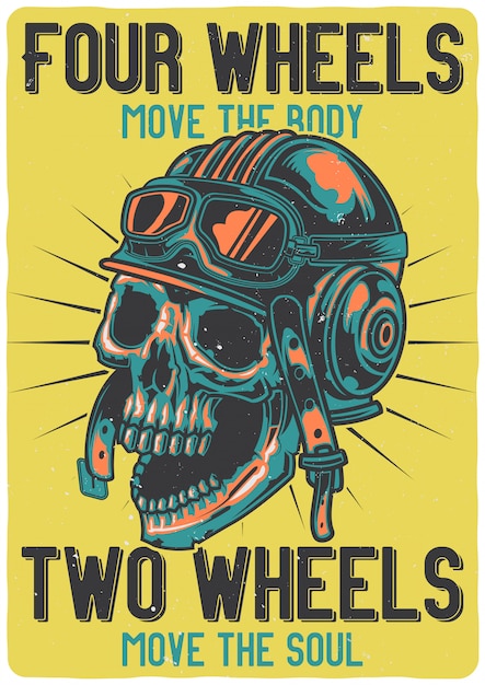 Free vector t-shirt or poster design with illustration of a skull with helmet.