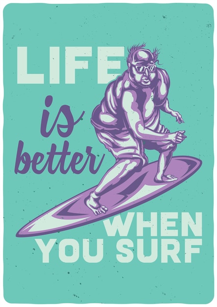 サーフィンボードに太った男性のイラストが描かれたTシャツまたはポスター