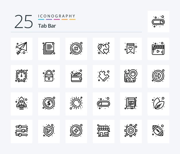 Tab bar 25 line icon pack including movie wish list delete shopping list like