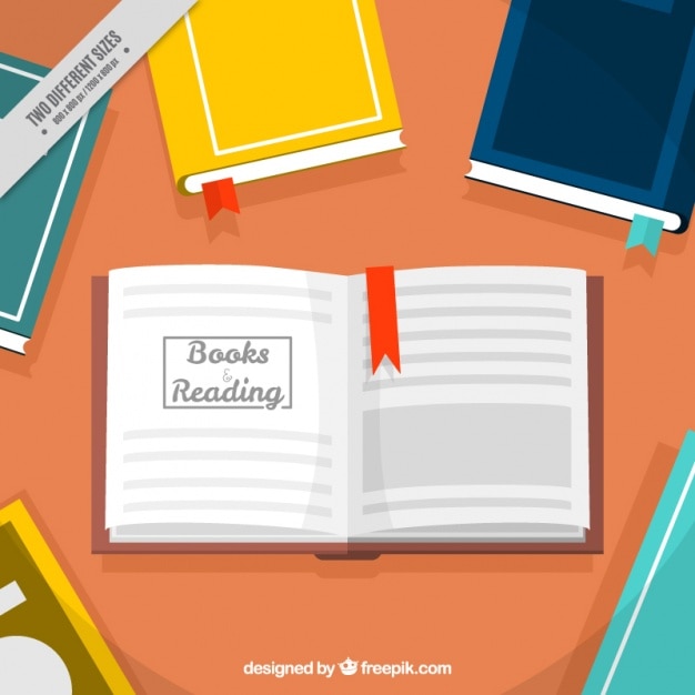 Free vector table background with colored books and open book
