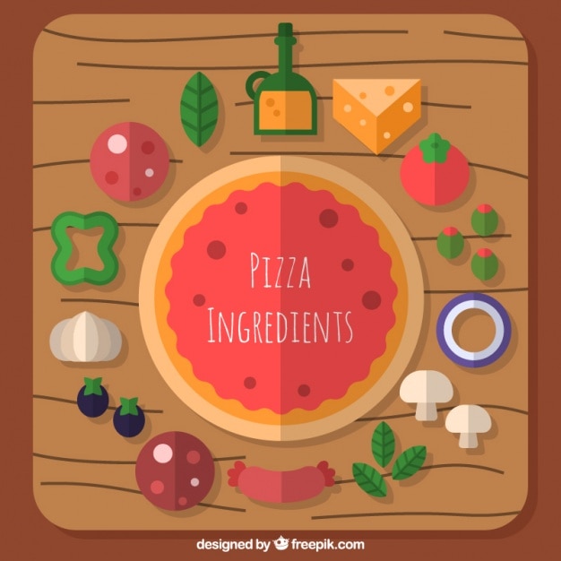 Vettore gratuito sfondo tabella con gli ingredienti della pizza in design piatto