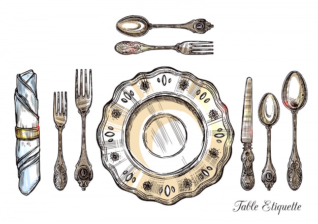 Table etiquette hand drawn illustration