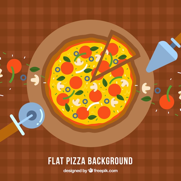 Tablecloth background with delicious pizza in flat design