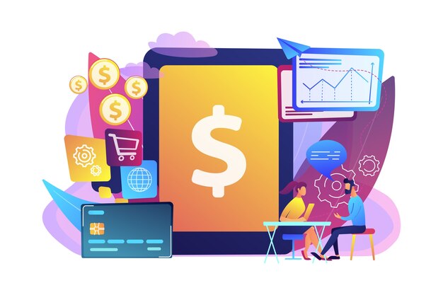 取引に銀行ソフトウェアを使用するタブレット、銀行カード、マネージャー。勘定系ITシステム、銀行ソフトウェア、ITサービスの概念。