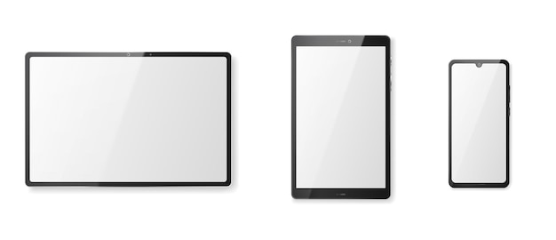 Tablet computer with white screen and black frame. realistic mockup of modern smart gadget with blank digital display front view isolated on white background. vector illustration