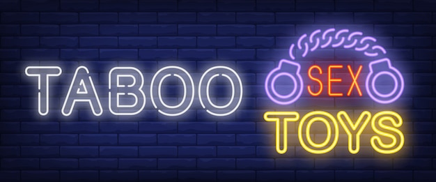 Vettore gratuito insegna al neon taboo. glowing bar sex toys lettering e manette