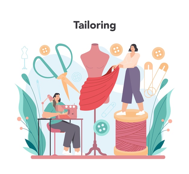 Tailor concept Fashion designer sewing or fitting clothes Dressmaker working on power sewing machine and taking measurements Vector flat illustration