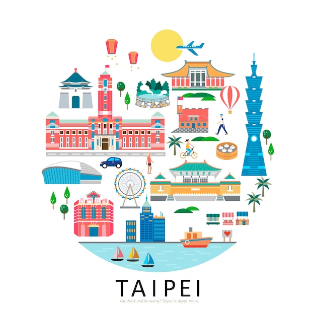 Taipei landmarks collection, circle shape of taiwan travel concept illustration