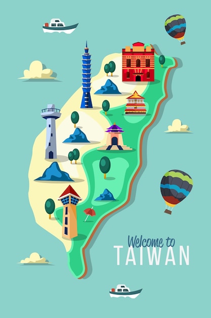 Vettore gratuito mappa di taiwan con punti di riferimento