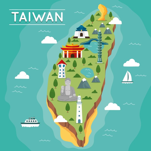 ランドマークと台湾の地図 プレミアムベクター ランドマークと台湾の地図 プレミアムベクター