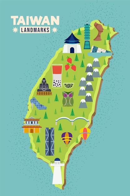 Free vector taiwan map with landmarks