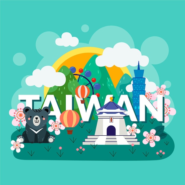 Free vector taiwan word with colorful landmarks