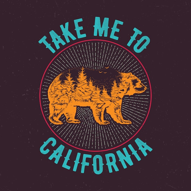 Take me to california t-shirt label design with illustration of bear silhouette