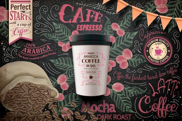 Takeaway coffee ads, paper cup package in  illustration on splendid chalkboard with coffee beans and plants in engraving style