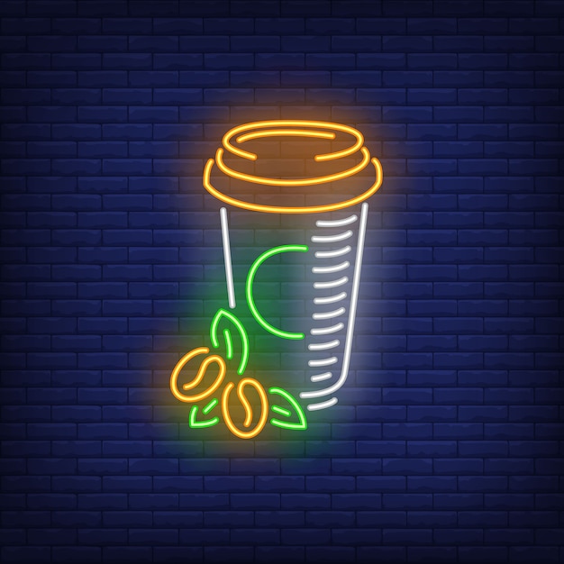 Free vector takeaway coffee in plastic cup neon sign