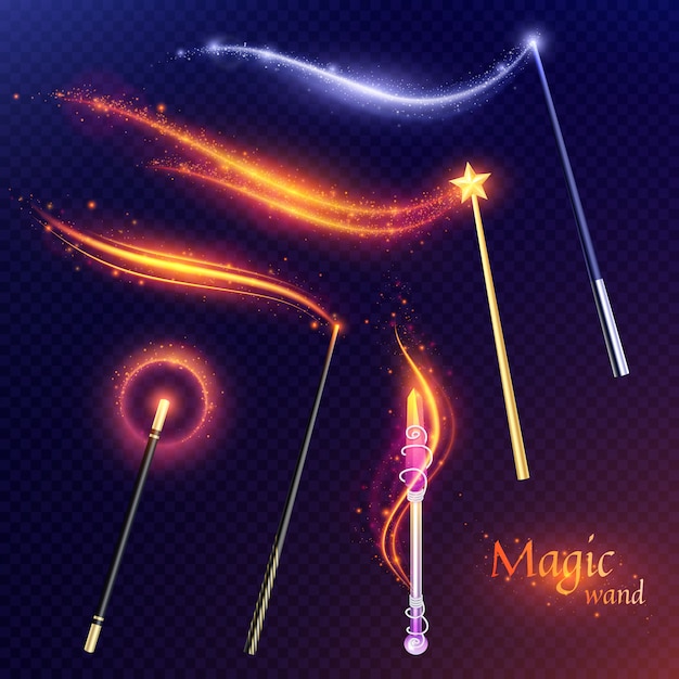 Tale set of flying magic wands with effect of  golden and silver glitters on transparent  