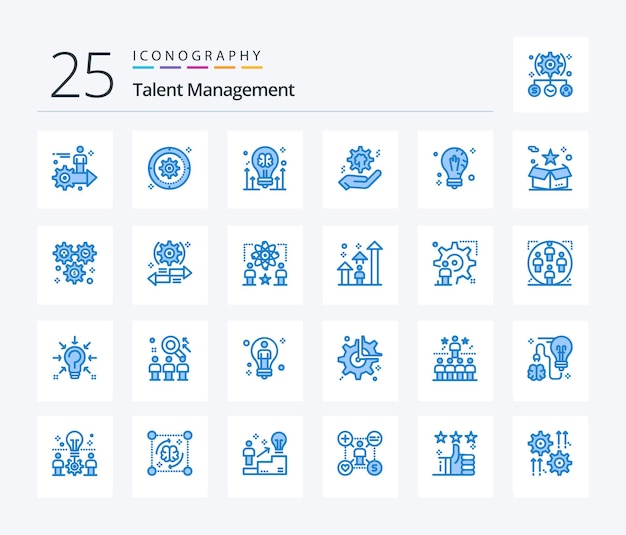 Free vector talent management 25 blue color icon pack including cog setting wheel arrow bulb