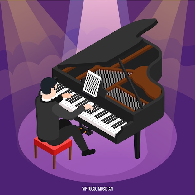 Бесплатное векторное изображение Талантливый пианист во время концерта в лучах света изометрической композиции на фиолетовом