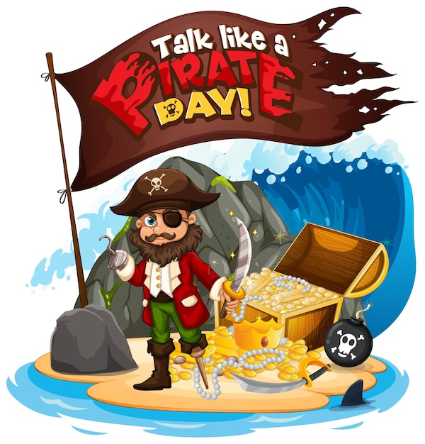 Talk like a pirate day font banner with pirate cartoon character