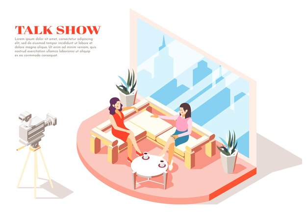 Free vector talk show hostess and guest in studio isometric illustration