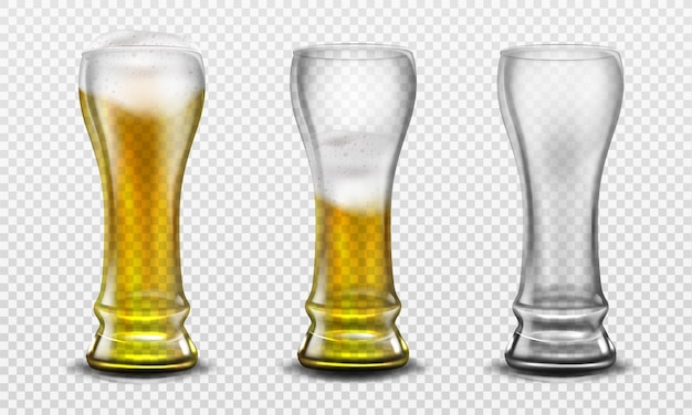 Free vector tall glass full of beer, half full and empty.