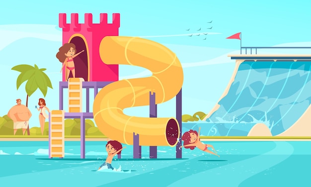 Free vector tall tube family  and water slides in amusement aqua park