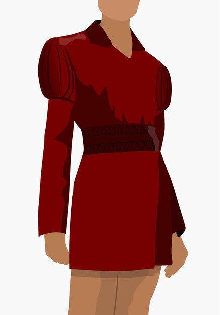 Загорелая женщина, одетая в красное классическое платье, стоя в позе.
