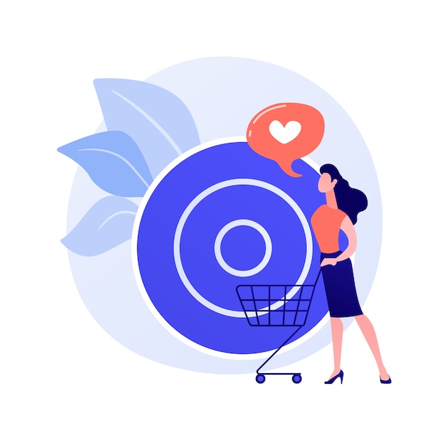 Free vector target sales. clients attraction accuracy, shopping list, consumerism idea. retail service customer, shopper with trolley cartoon character.