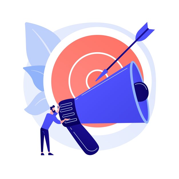 Targeted advertisement campaign. Promotional announcement, customers attraction, promo.Marketer shouting in loudspeaker flat male character concept illustration