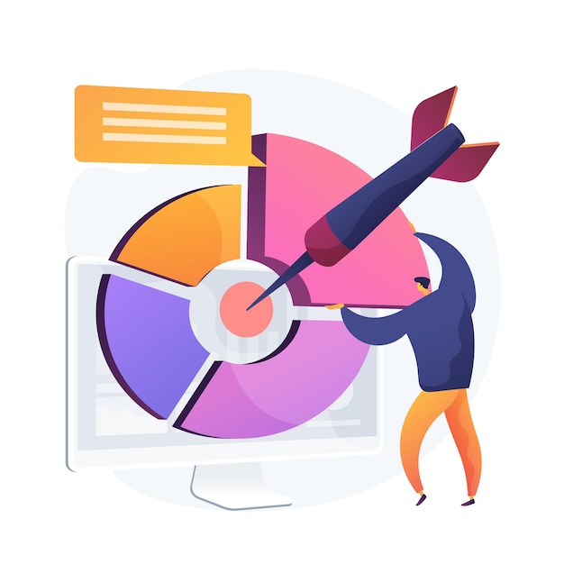 Targeted marketing report, business presentation. business man flat character explaining statistics. online social questionnaire, poll, results analyzing.