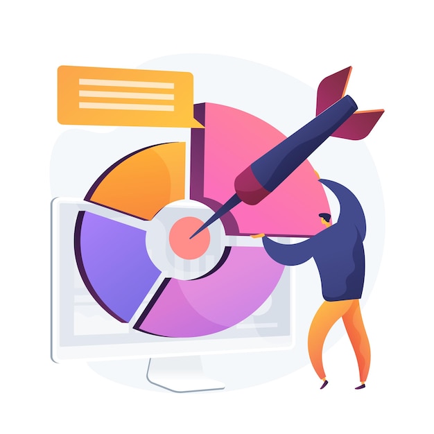 Targeted marketing report, business presentation. Business man flat character explaining statistics. Online social questionnaire, poll, results analyzing.