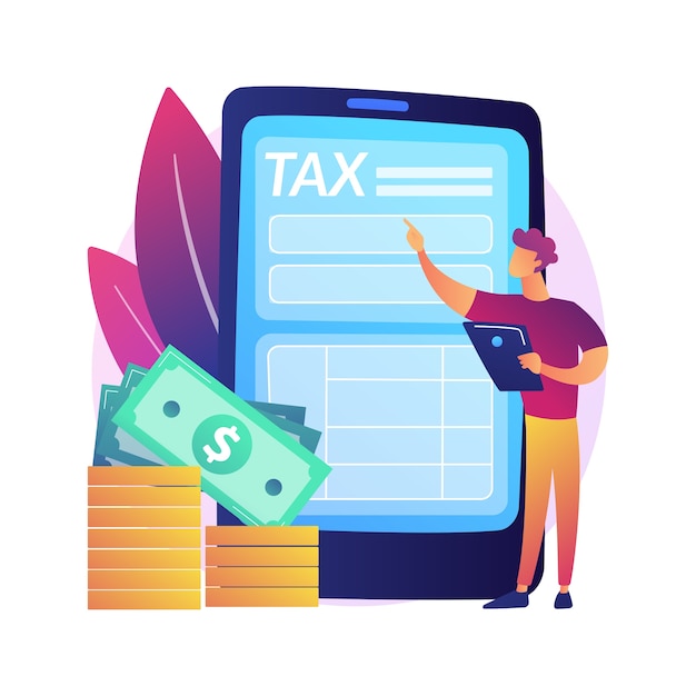 Tariff repay. compensate for online services. duty, task overlook, remuneration. imputed cost and overtaxing. man standing with phone in hands.  isolated concept metaphor illustration.