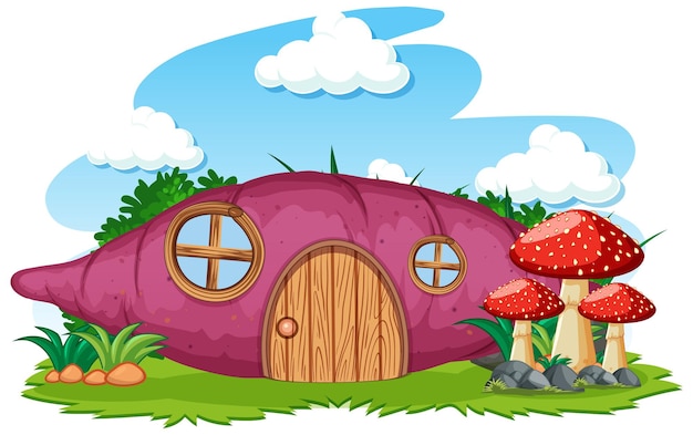 Free vector taro house with mushroom cartoon style on sky