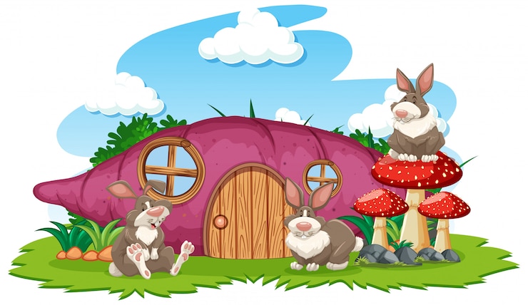 Free Vector taro house with three rabbit cartoon style on white background