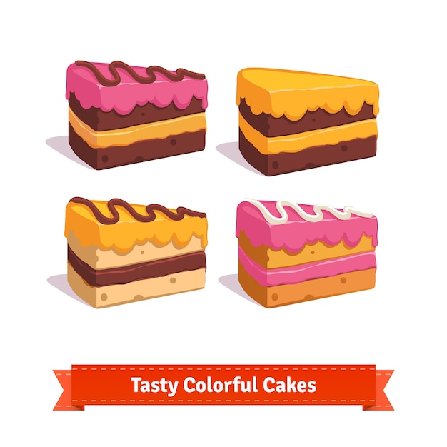 Tasty cake slices with frosting and cream