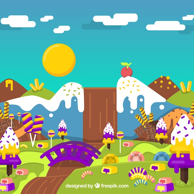 Tasty candy land background in flat style