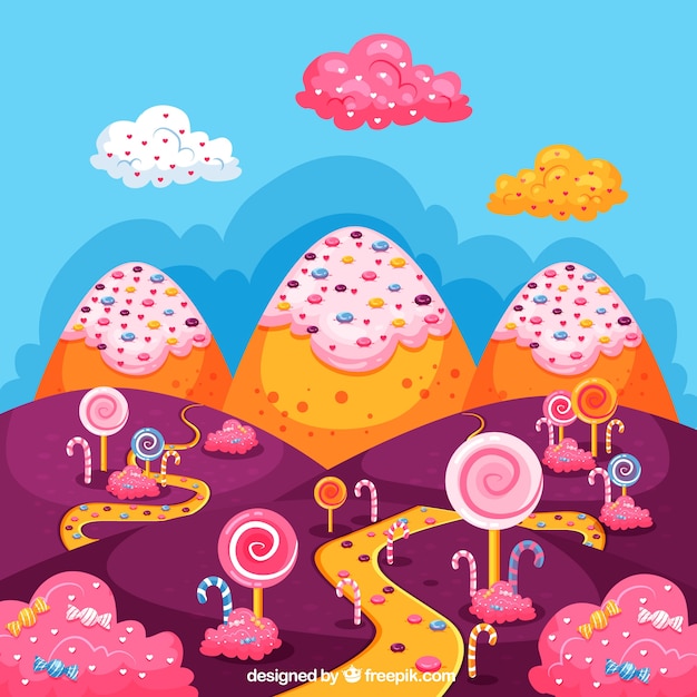 Free vector tasty candy land background in flat style